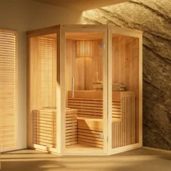 FinnTherm Innensauna Ylva Innensauna 1 Sitzbänke aus Holz, Saunakabine mit 72 mm Wandstärke, Dampfsauna mit Montagematerial, Naturbelassen