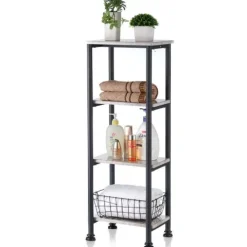 FLOORDIREKT Standregal Charles - Badregal in Mamor-Optik mit stabiler Stahlkontruktion 35 x 26 x 101 cm - 4 Etagen