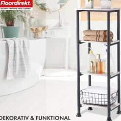FLOORDIREKT Standregal Charles - Badregal in Mamor-Optik mit stabiler Stahlkontruktion 35 x 26 x 101 cm - 4 Etagen