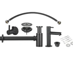 Handwaschbecken-Installationsset schwarz matt besteht aus Kaltwasserhahn, Flexschlauch, Eckventil 1/2" x 3/8", Siphon 1 1/4" x 32 mm und ein Ablaufventil nicht verschließbar 1 1/4" 30.415.02