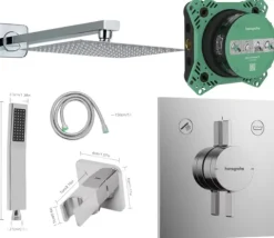 HANSGROHE IBOX 2 + DUO TURN E + Kreabad Duschset Regendusche 30cm, Brausearm, Wandhalter mit Handbrause Set, Brauseset verchromt