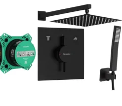 Hansgrohe Ibox 2 Grundkörper Universal + Hans Grohe Duoturn E Schwarz 2-Wege Mischer + Kreabad Handbrause mit Wandanschluss Set + Kreabad Duschkopf mit Wandanschluss