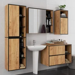 Hängender Waschbeckenunterschrank VAMI Craft Eiche 90 cm 2 Schubladen Schwarz B90xH60xT45,5 cm