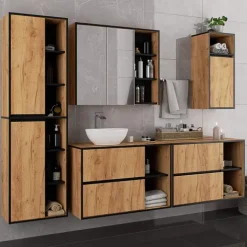 Hängender Waschbeckenunterschrank VAMI Craft Eiche 90 cm 2 Schubladen Schwarz B90xH60xT45,5 cm