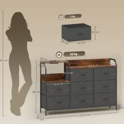 HOMCOM Kommode Schrank mit 8 Schubladen aus Vliesstoff Aufbewahrungsschrank mit Ladestation Haken Stahlrahmen Schubladenschrank für Schlafzimmer, Wohnzimmer, Rustikal-Braun+Schwarz