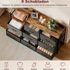 HOMCOM Kommode Schrank mit 8 Schubladen aus Vliesstoff Aufbewahrungsschrank mit Ladestation Haken Stahlrahmen Schubladenschrank für Schlafzimmer, Wohnzimmer, Rustikal-Braun+Schwarz