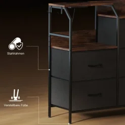 HOMCOM Kommode Schrank mit 8 Schubladen aus Vliesstoff Aufbewahrungsschrank mit Ladestation Haken Stahlrahmen Schubladenschrank für Schlafzimmer, Wohnzimmer, Rustikal-Braun+Schwarz