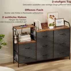 HOMCOM Kommode Schrank mit 8 Schubladen aus Vliesstoff Aufbewahrungsschrank mit Ladestation Haken Stahlrahmen Schubladenschrank für Schlafzimmer, Wohnzimmer, Rustikal-Braun+Schwarz