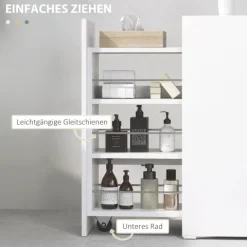 HOMCOM Nischenschrank Badezimmerschrank schmal, Toilettenschrank mit Rad, Schublade inkl. 3 tiefe Fächer, Beistellschrank Badschrank für kleine Räume, Wohnzimmer, Badezimmer, 47 x 25 x 66,5 cm Weiß