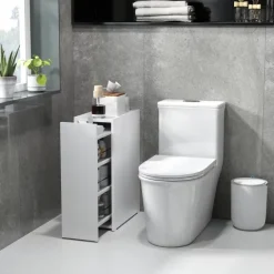 HOMCOM Nischenschrank Badezimmerschrank schmal, Toilettenschrank mit Rad, Schublade inkl. 3 tiefe Fächer, Beistellschrank Badschrank für kleine Räume, Wohnzimmer, Badezimmer, 47 x 25 x 66,5 cm Weiß