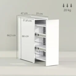 HOMCOM Nischenschrank Badezimmerschrank schmal, Toilettenschrank mit Rad, Schublade inkl. 3 tiefe Fächer, Beistellschrank Badschrank für kleine Räume, Wohnzimmer, Badezimmer, 47 x 25 x 66,5 cm Weiß