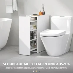 HOMCOM Nischenschrank Badezimmerschrank schmal, Toilettenschrank mit Rad, Schublade inkl. 3 tiefe Fächer, Beistellschrank Badschrank für kleine Räume, Wohnzimmer, Badezimmer, 47 x 25 x 66,5 cm Weiß