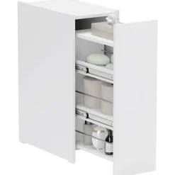 HOMCOM Nischenschrank Badezimmerschrank schmal, Toilettenschrank mit Rad, Schublade inkl. 3 tiefe Fächer, Beistellschrank Badschrank für kleine Räume, Wohnzimmer, Badezimmer, 47 x 25 x 66,5 cm Weiß