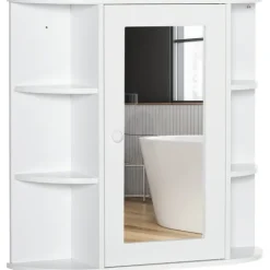 HOMCOM Spiegelschrank, Badezimmerschrank mit Spiegeltür, mit offenen Regalböden, Hängeschrank Wandschrank, Weiß, 66 x 17 x 63 cm