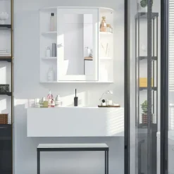 HOMCOM Spiegelschrank, Badezimmerschrank mit Spiegeltür, mit offenen Regalböden, Hängeschrank Wandschrank, Weiß, 66 x 17 x 63 cm