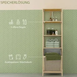 HOMCOM Badregal mit Wäschekorb, Badezimmerregal mit 3 Ebenen, Ausziehbarem Stoffkorb, Badschrank mit Kippschutz für Wohnzimmer, Badezimmer, Bambus, 44 x 33 x 160 cm