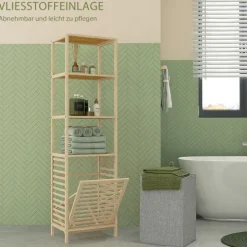 HOMCOM Badregal mit Wäschekorb, Badezimmerregal mit 3 Ebenen, Ausziehbarem Stoffkorb, Badschrank mit Kippschutz für Wohnzimmer, Badezimmer, Bambus, 44 x 33 x 160 cm