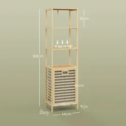 HOMCOM Badregal mit Wäschekorb, Badezimmerregal mit 3 Ebenen, Ausziehbarem Stoffkorb, Badschrank mit Kippschutz für Wohnzimmer, Badezimmer, Bambus, 44 x 33 x 160 cm