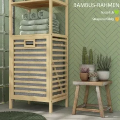HOMCOM Badregal mit Wäschekorb, Badezimmerregal mit 3 Ebenen, Ausziehbarem Stoffkorb, Badschrank mit Kippschutz für Wohnzimmer, Badezimmer, Bambus, 44 x 33 x 160 cm