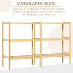 HOMCOM Badregal Standregal mit 3 Ebenen, Bambusregal, Küchenregal, für Bad, Küche, Wohnzimmer, Flur, Natur, 62 x 33 x 80 cm