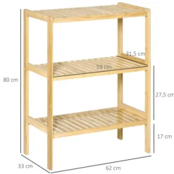 HOMCOM Badregal Standregal mit 3 Ebenen, Bambusregal, Küchenregal, für Bad, Küche, Wohnzimmer, Flur, Natur, 62 x 33 x 80 cm