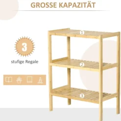 HOMCOM Badregal Standregal mit 3 Ebenen, Bambusregal, Küchenregal, für Bad, Küche, Wohnzimmer, Flur, Natur, 62 x 33 x 80 cm