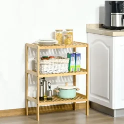 HOMCOM Badregal Standregal mit 3 Ebenen, Bambusregal, Küchenregal, für Bad, Küche, Wohnzimmer, Flur, Natur, 62 x 33 x 80 cm