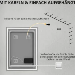 HOMCOM Badspiegel mit Beleuchtung 70 x 50 cm LED Spiegel mit Memory-Funktion Wandspiegel mit Touchschalter, Beschlagfreier Lichtspiegel mit 3 Lichtfarben Weiß