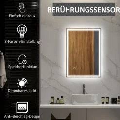 HOMCOM Badspiegel mit Beleuchtung 70 x 50 cm LED Spiegel mit Memory-Funktion Wandspiegel mit Touchschalter, Beschlagfreier Lichtspiegel mit 3 Lichtfarben Weiß