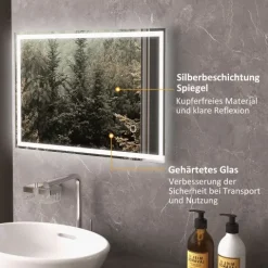 HOMCOM Badspiegel mit Beleuchtung 70 x 50 cm LED Spiegel mit Memory-Funktion Wandspiegel mit Touchschalter, Beschlagfreier Lichtspiegel mit 3 Lichtfarben Weiß