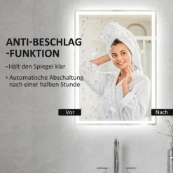 HOMCOM Badspiegel mit Beleuchtung 70 x 50 cm LED Spiegel mit Memory-Funktion Wandspiegel mit Touchschalter, Beschlagfreier Lichtspiegel mit 3 Lichtfarben Weiß