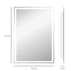 HOMCOM Badspiegel mit Beleuchtung 70 x 50 cm LED Spiegel mit Memory-Funktion Wandspiegel mit Touchschalter, Beschlagfreier Lichtspiegel mit 3 Lichtfarben Weiß