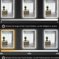 HOMCOM Badspiegel mit Beleuchtung 70 x 50 cm LED Spiegel mit Memory-Funktion Wandspiegel mit Touchschalter, Beschlagfreier Lichtspiegel mit 3 Lichtfarben Weiß