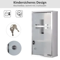 HOMCOM Medizinschrank Arzneischrank abschließbarer Apothekerschrank Erste-Hilfe-Schrank mit 3 Fächer Wandschrank Edelstahl Silber 25 x 12 x 48 cm