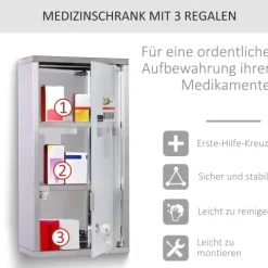 HOMCOM Medizinschrank Arzneischrank abschließbarer Apothekerschrank Erste-Hilfe-Schrank mit 3 Fächer Wandschrank Edelstahl Silber 25 x 12 x 48 cm