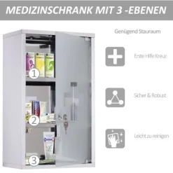 HOMCOM Medizinschrank Arzneischrank Erste Hilfe Schrank mit Schloss Edelstahl 30 x 18 x 50 cm