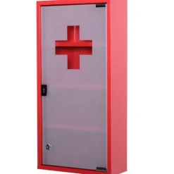 HOMCOM Medizinschrank Arzneischrank Medikamentenschrank mit 3 Ebenen Erste-Hilfe-Schrank mit Schloss Apothekerschrank mit Mattglastür Stahl Rot 27 x 57 x 12 cm