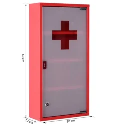 HOMCOM Medizinschrank Arzneischrank Medikamentenschrank mit 3 Ebenen Erste-Hilfe-Schrank mit Schloss Apothekerschrank mit Mattglastür Stahl Rot 27 x 57 x 12 cm