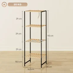 HOMCOM Standregal Badregal aus Bambus und Stahl, mit 4 Ablagen, Küchenregal 4-stöckiges Bücherregal für Bad, Wohnzimmer, Flur, Küche, 36,5 x 33 x 110 cm, Natur
