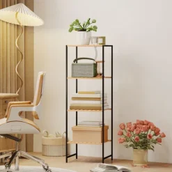 HOMCOM Standregal Badregal aus Bambus und Stahl, mit 4 Ablagen, Küchenregal 4-stöckiges Bücherregal für Bad, Wohnzimmer, Flur, Küche, 36,5 x 33 x 110 cm, Natur