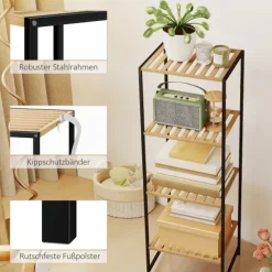 HOMCOM Standregal Badregal aus Bambus und Stahl, mit 4 Ablagen, Küchenregal 4-stöckiges Bücherregal für Bad, Wohnzimmer, Flur, Küche, 36,5 x 33 x 110 cm, Natur