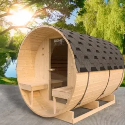 Home Deluxe - Outdoor Fasssauna LAHTI DELUXE L - Maße: ca. 195 cm x 192 cm x 220 cm, Holz: Fichtenholz - inkl. Saunaofen und Saunazubehör I Gartensauna, Außensauna, Sauna Fass für 4 Personen