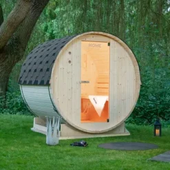 Home Deluxe - Outdoor Fasssauna Lahti M - Maße: BxTxH: ca. 185 cm x 120 cm x 185 cm, Holz: Fichtenholz - inkl. Saunaofen und Saunazubehör I Gartensauna, Außensauna, Sauna Fass für 2 Personen