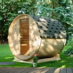 Home Deluxe - Outdoor Fasssauna LAHTI L - Maße: BxTxH: ca. 189 cm x 191 cm x 180 cm, Holz: Fichtenholz - inkl. Saunaofen und Saunazubehör I Gartensauna, Außensauna, Sauna Fass für 4 Personen