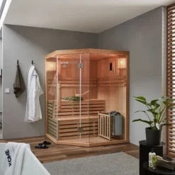 Home Deluxe - Traditionelle Sauna - SKYLINE XL - 150 x 150 x 200 cm - für 2 - 3 Personen, Hemlocktanne, inkl. Saunaofen, Saunazubehör I Dampfsauna Aufgusssauna Finnische Sauna Bio Sauna