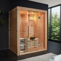 Home Deluxe - Traditionelle Sauna - Skyline L - 120 x 150 x 190 cm - für 2-3 Personen, Hemlocktanne, inkl. Saunaofen, Saunazubehör I Dampfsauna Aufgusssauna Finnische Sauna Bio Sauna