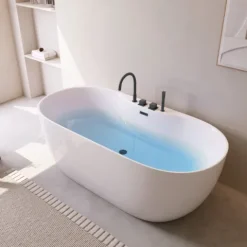 Home Deluxe - freistehende Badewanne - LENI - Weiß, mit schwarzer Armatur - Maße: ca. 170 x 80 x 58 cm - Füllmenge: 235 Liter, inkl. Überlaufschutz, Siphon und Verschluss I Spa, für 2 Personen