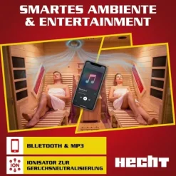 Infrarotsauna HECHT FANTASY Wärmekabine für 2 Personen 12 Strahler Keramik Carbon 3450W Hemlock-Holz Farblichttherapie Bluetooth