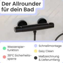 instmaier Duschthermostat Beatrice | wassersparende Eco-Stop Funktion | Duscharmatur mit einstellbarem Verbrühschutz | Mischbatterie Dusche Schwarz Matt | für konstante Wassertemperatur