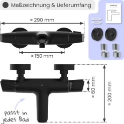 instmaier Wannenfüllthermostat Beatrice | wassersparende Eco-Stop Funktion | Badewannenarmatur | Mischbatterie Badewanne Schwarz Matt | für konstante Wassertemperatur